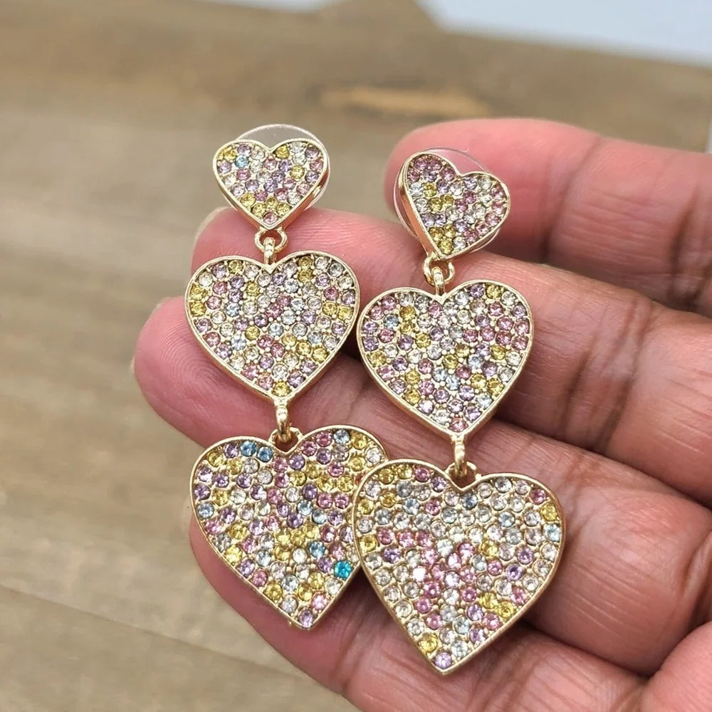 - Sparkly Rhinestone Heart Earrings • Confetti Colors • Pierced • By Guess